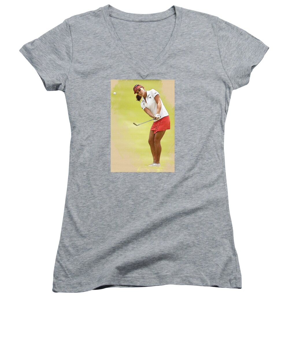 Home Art & Collectibles Women's V-Neck featuring the digital art Lexi Thompson chips to the first green by Don Kuing