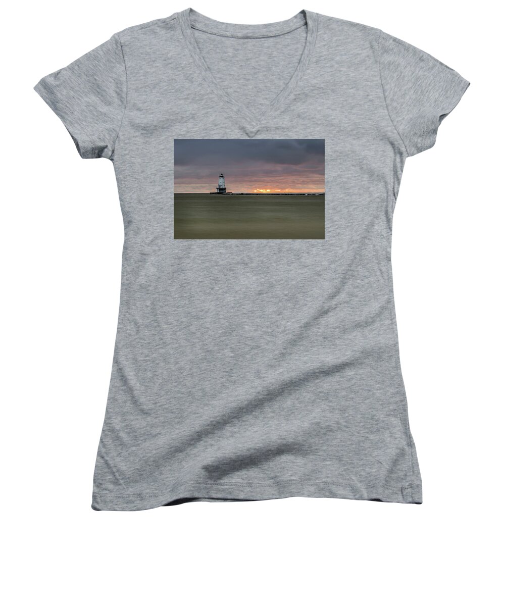 Ludington Mi Women's V-Neck featuring the photograph Lighthouse and Sunset by Lester Plank