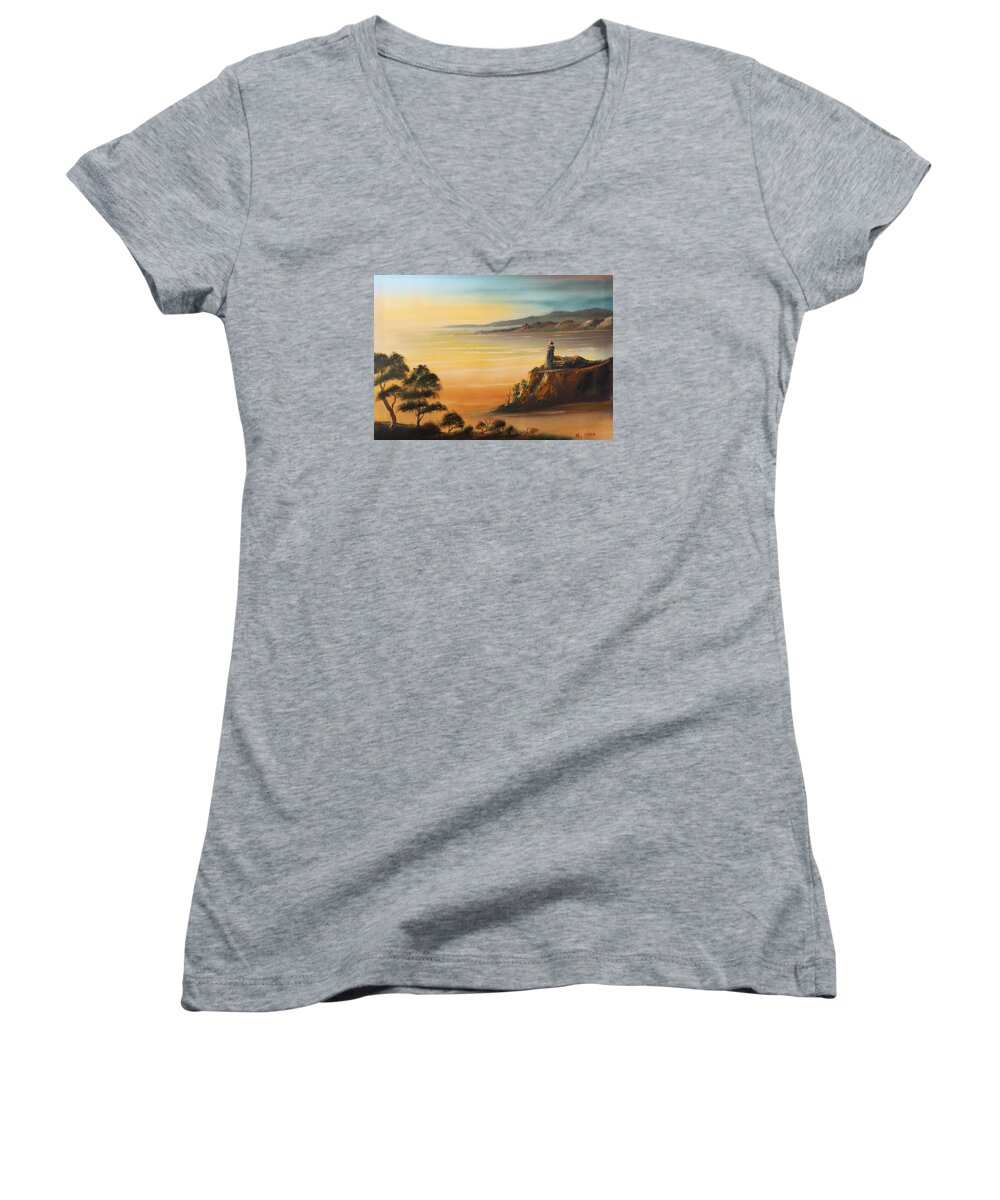 Sunset Women's V-Neck featuring the painting Lighthouse at Sunset by Remegio Onia