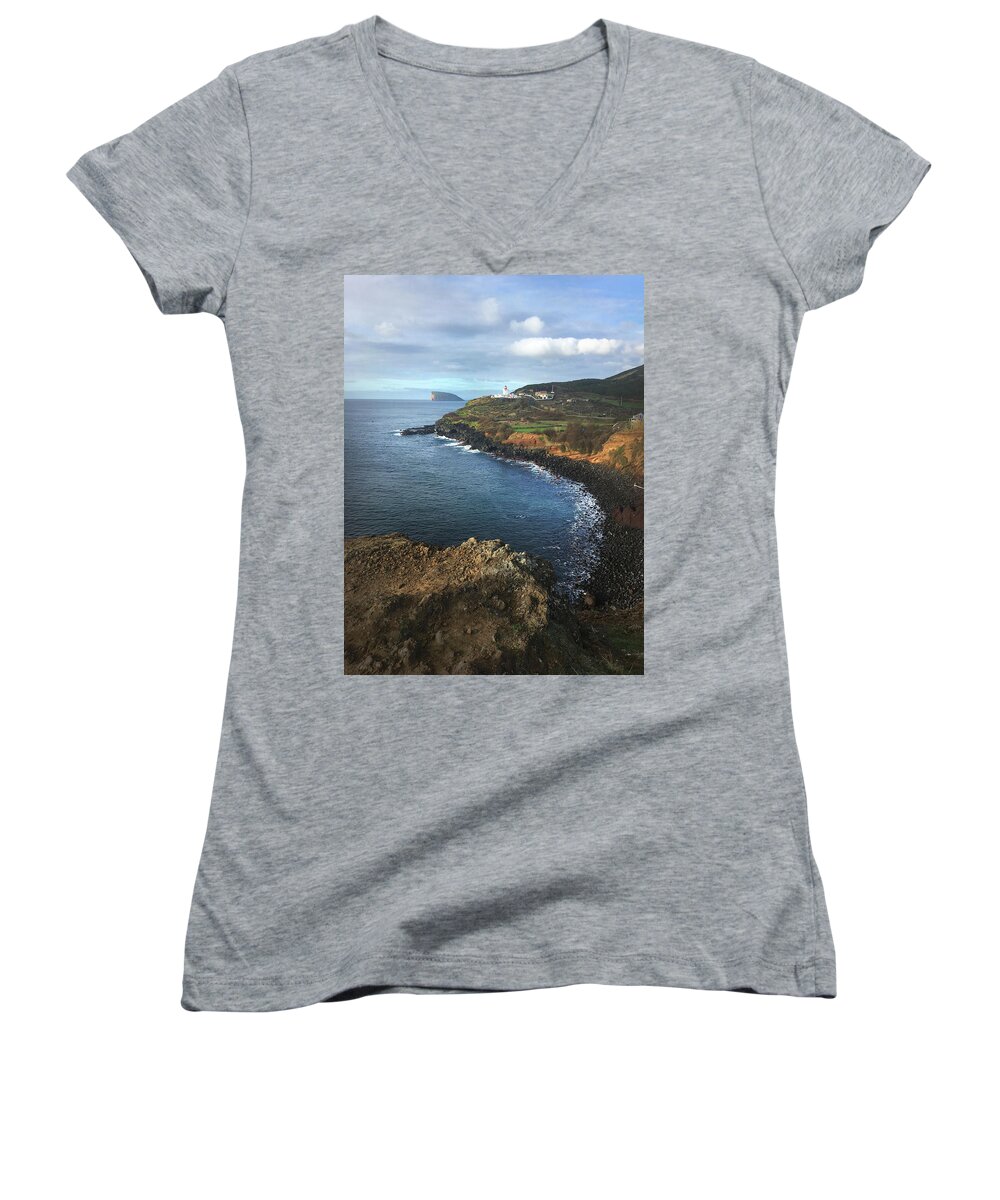 Kelly Hazel Women's V-Neck featuring the photograph Lighthouse on Terceira by Kelly Hazel