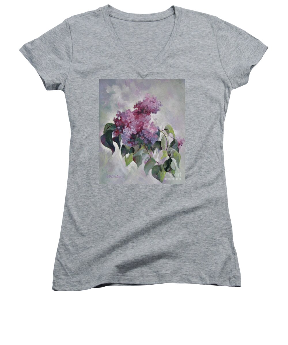 Lilac Women's V-Neck featuring the painting Lilac by Elena Oleniuc