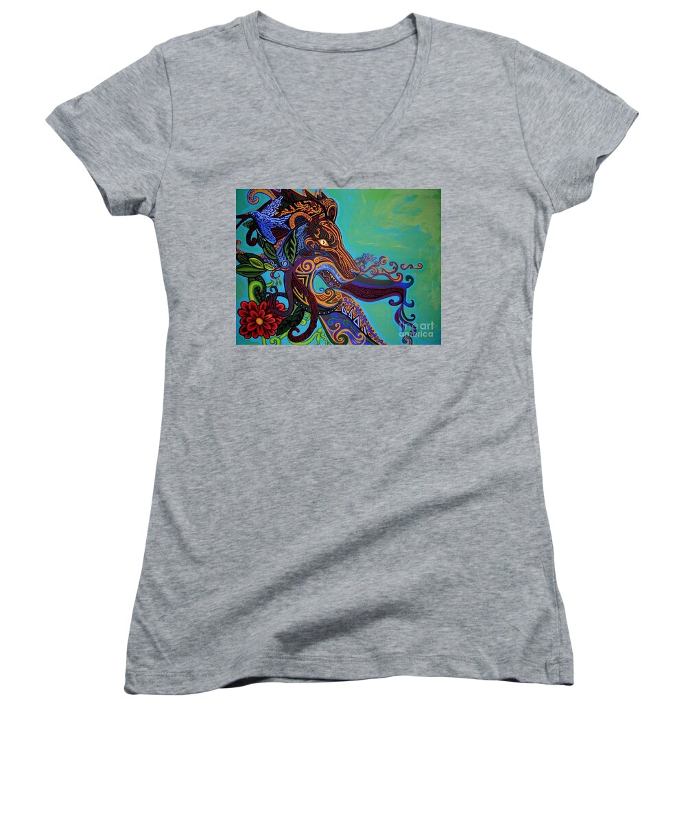 Gargoyle Lion Women's V-Neck featuring the painting Lion Gargoyle by Genevieve Esson