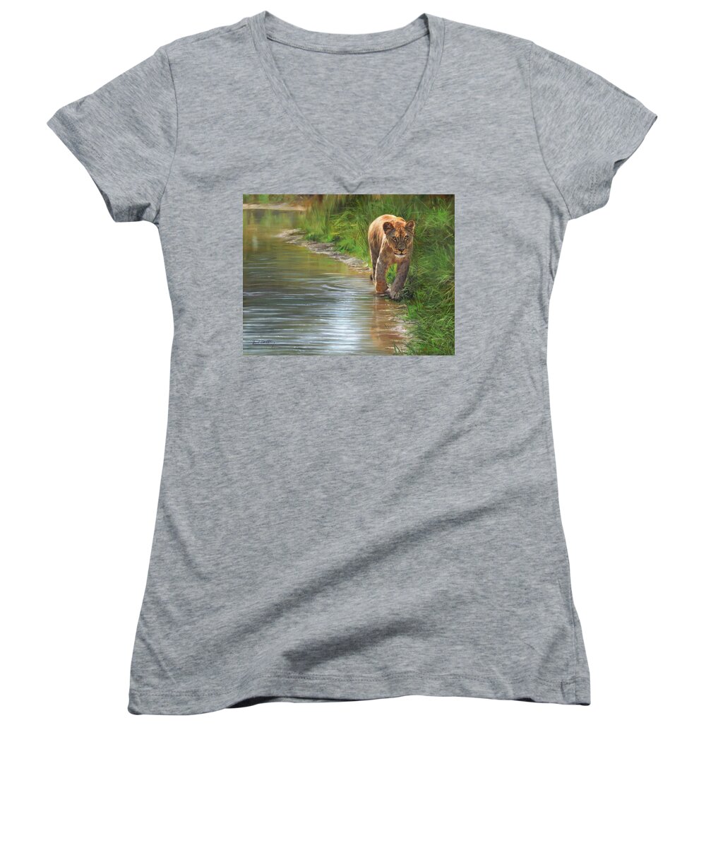 Lioness Women's V-Neck featuring the painting Lioness. Water's Edge by David Stribbling