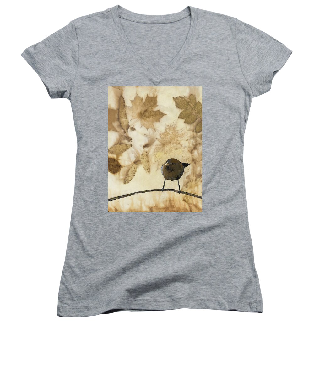 Little Bird Women's V-Neck featuring the painting Little Bird On Silk With Leaves by Carolyn Doe