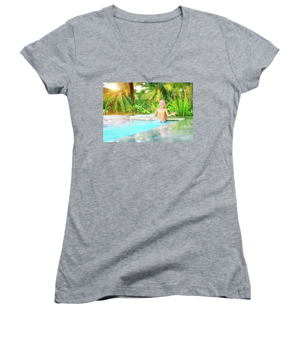 Action Women's V-Neck featuring the photograph Little boy in the pool by Anna Om
