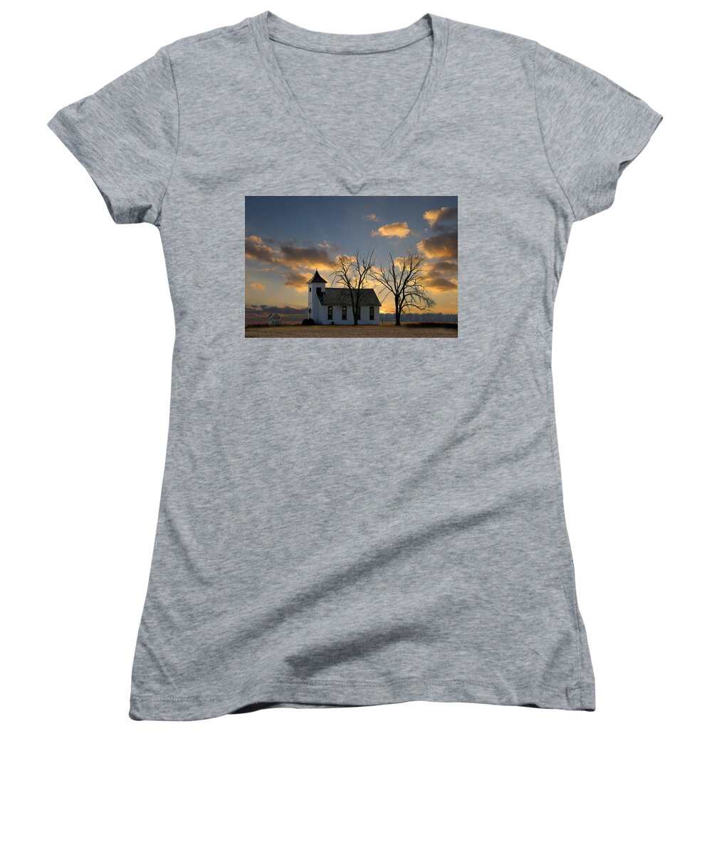 Sunset Women's V-Neck featuring the photograph Little Church On The Prairie by Theresa Campbell