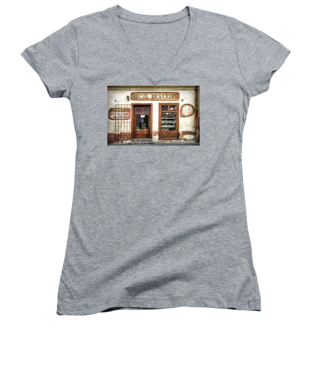 Craftsman Women's V-Neck featuring the drawing Little Craftsman' Shop - Micul Meserias by Daliana Pacuraru
