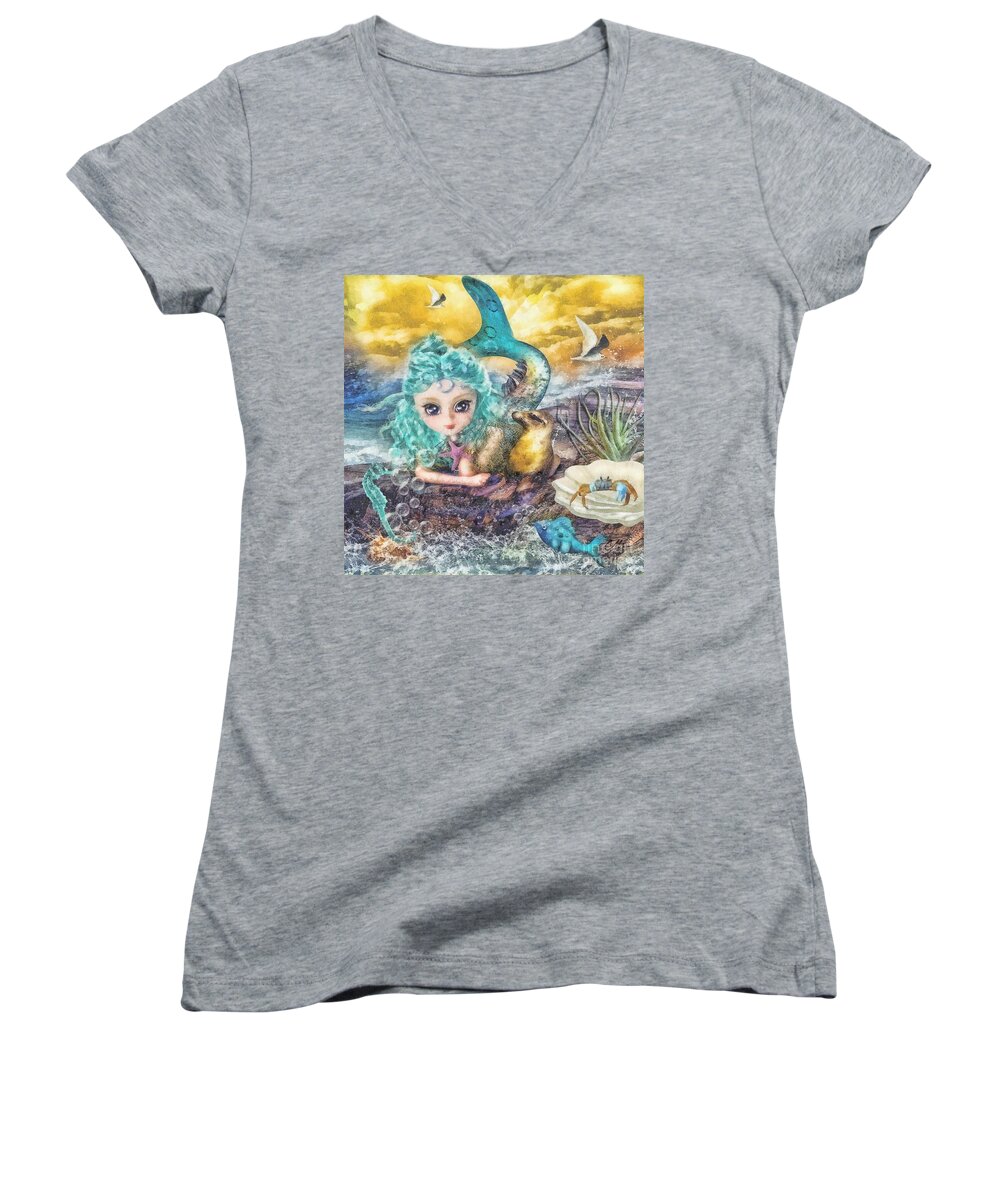 Little Mermaid Women's V-Neck featuring the mixed media Little Mermaid by Mo T