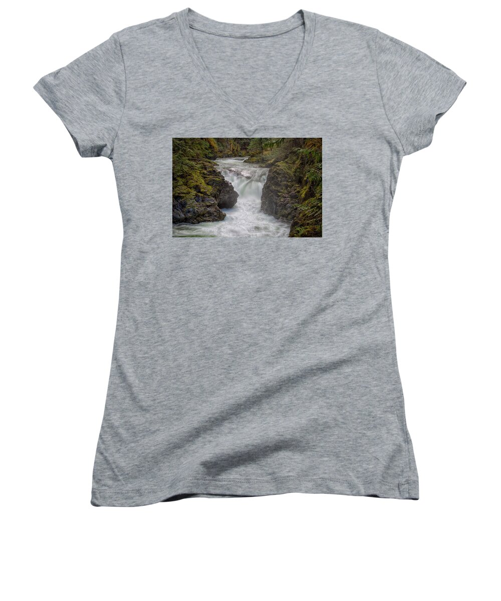 Waterfall Women's V-Neck featuring the photograph Little Qualicum Lower Falls by Randy Hall