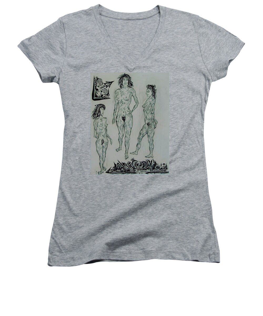 Drawing Women's V-Neck featuring the painting Live Nude 41 Female by Robert SORENSEN