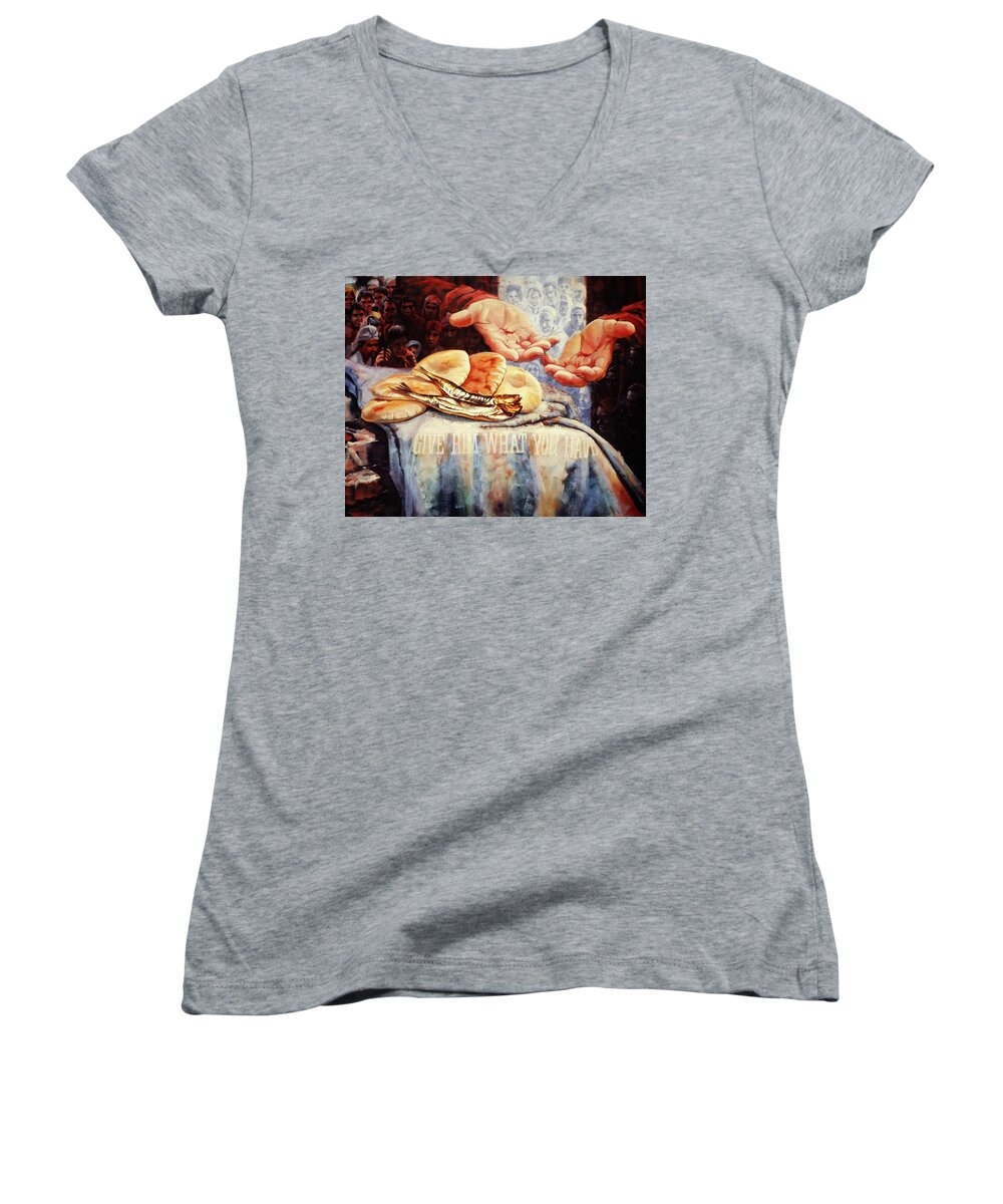 Christian Women's V-Neck featuring the painting Loaves and Fishes 2 by Graham Braddock