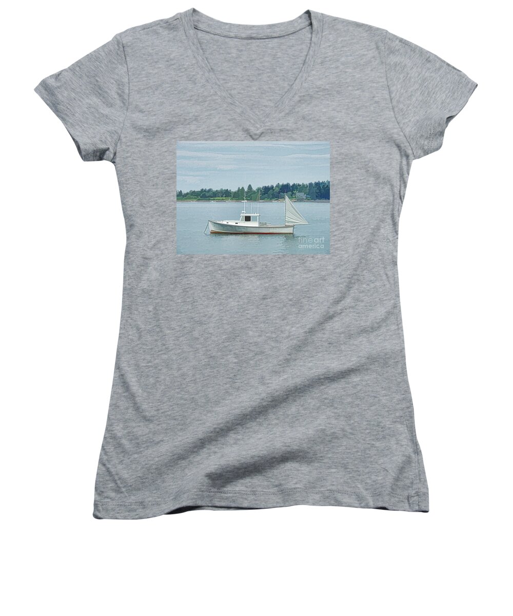 Lobster Boat Women's V-Neck featuring the photograph Lobster Boat Harpswell Maine by Patrick Fennell