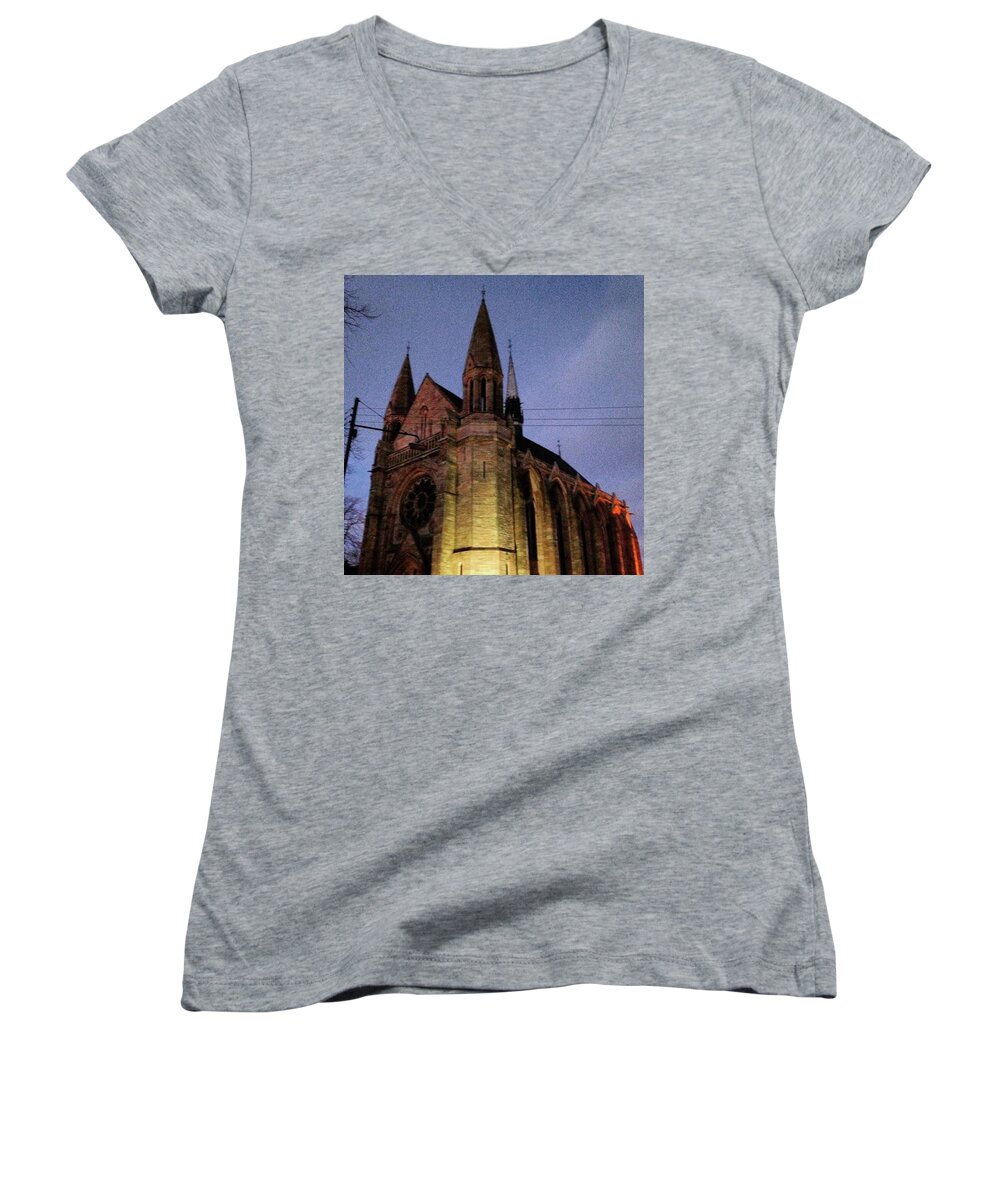 Dusk Women's V-Neck featuring the photograph Spires at Dusk by Michael Paget