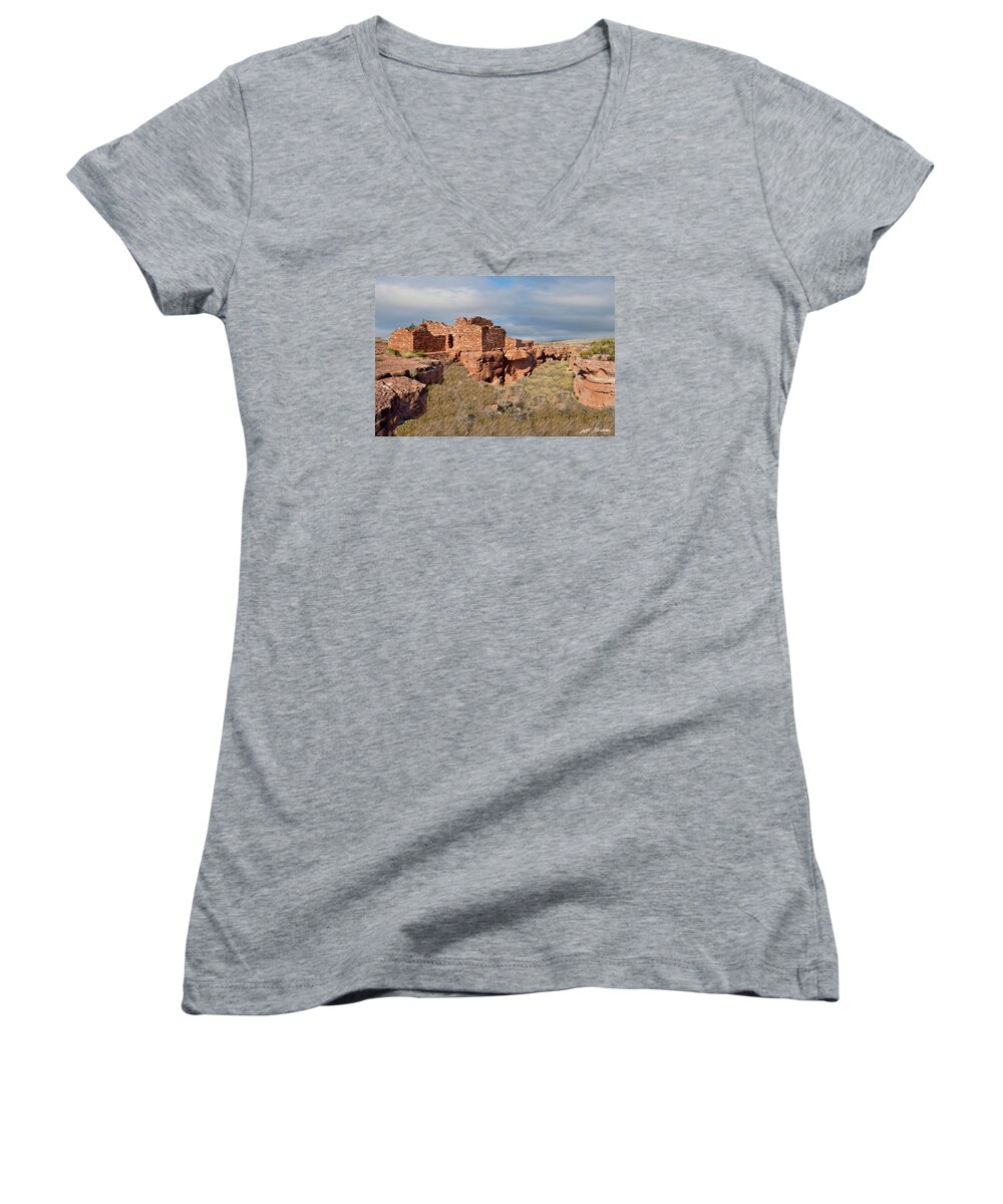 Adobe Women's V-Neck featuring the photograph Lomaki Pueblo Ruins by Jeff Goulden