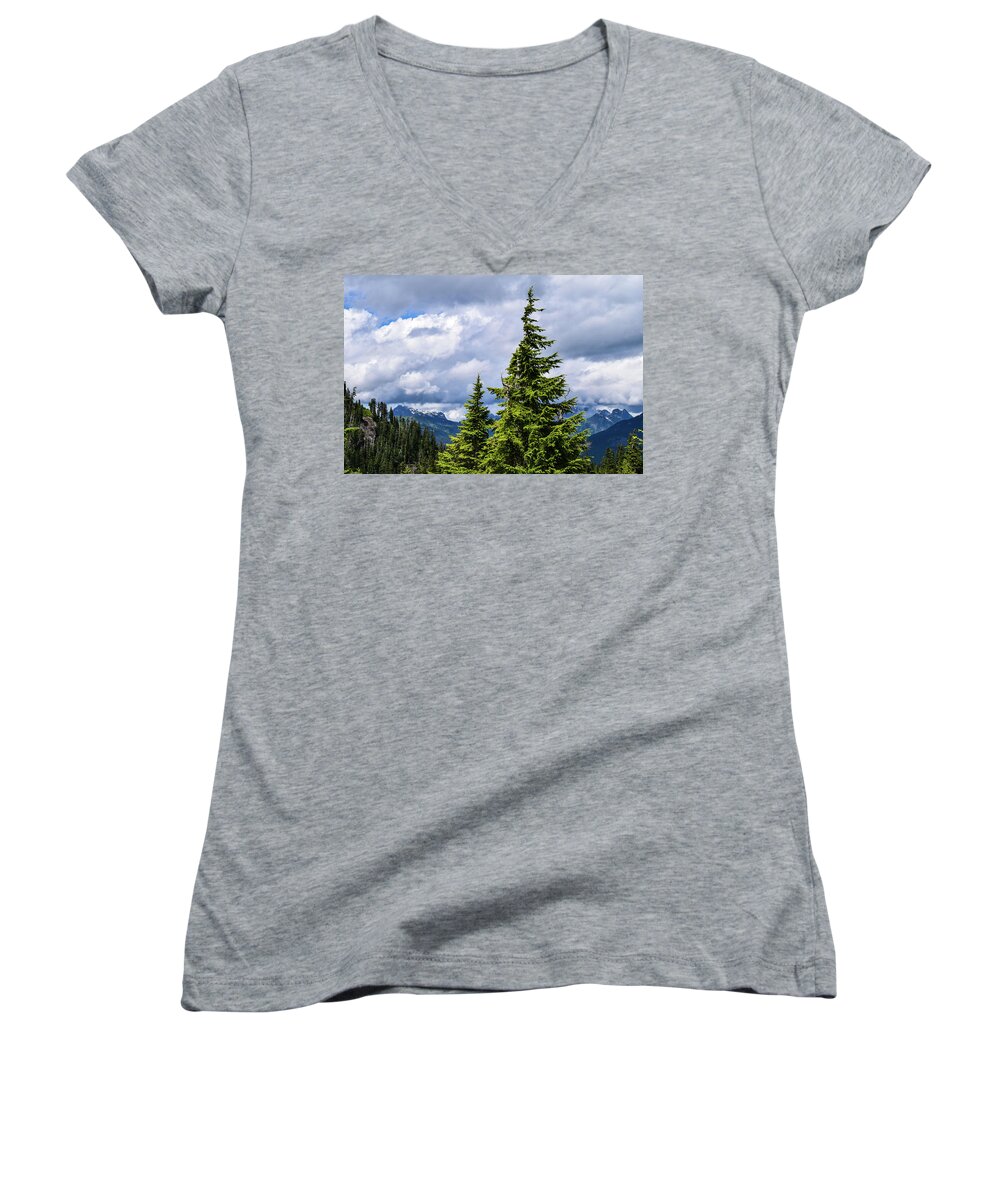 Mt. Baker Women's V-Neck featuring the photograph Lone Fir with Clouds by Tom Cochran