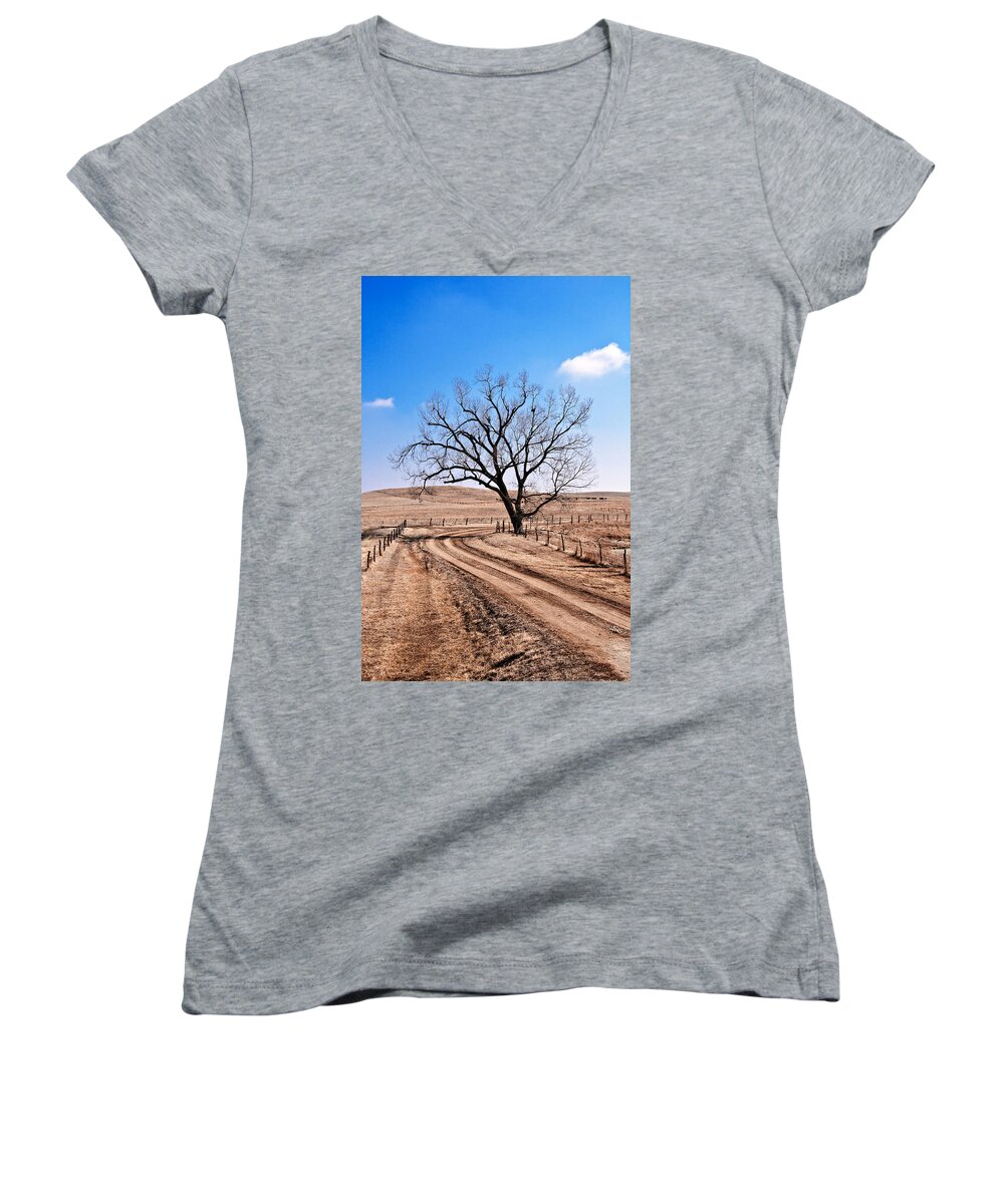 Flint Hills Women's V-Neck featuring the photograph Lone Tree February 2010 by Eric Benjamin
