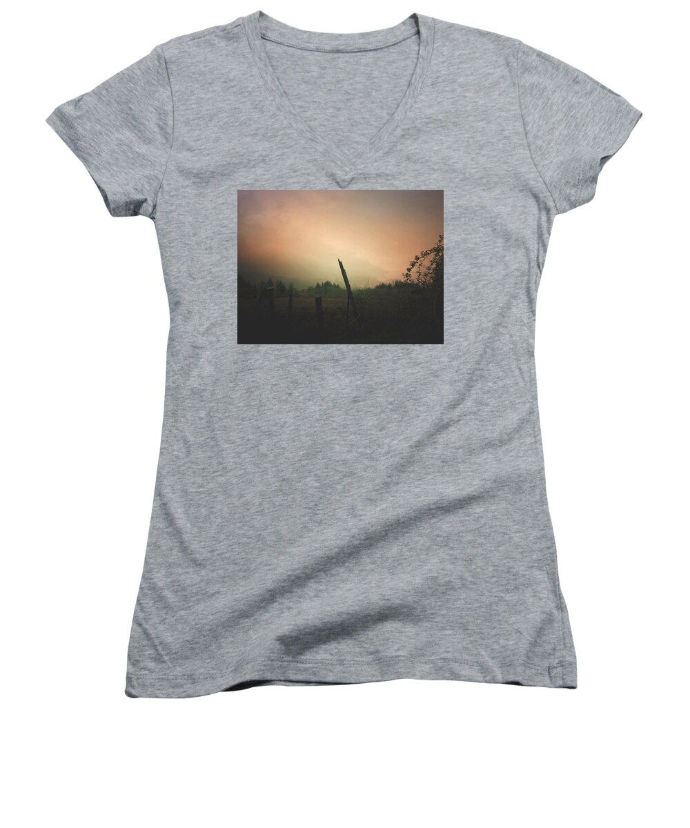 Rural Women's V-Neck featuring the digital art Lonely Fence Post by Chriss Pagani