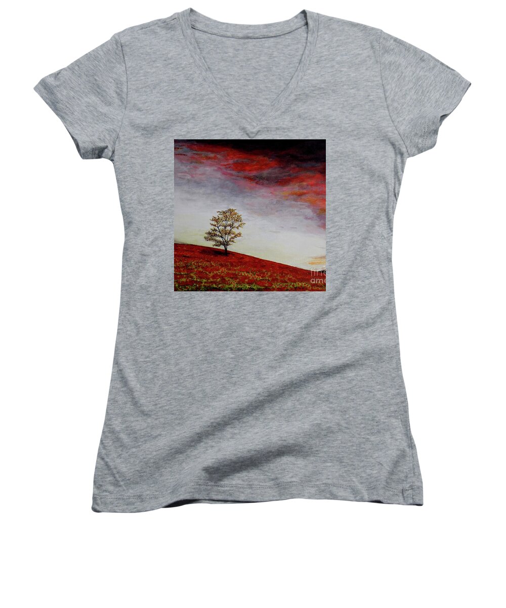 Single Tree Women's V-Neck featuring the painting Lonely Tree by Judy Kirouac