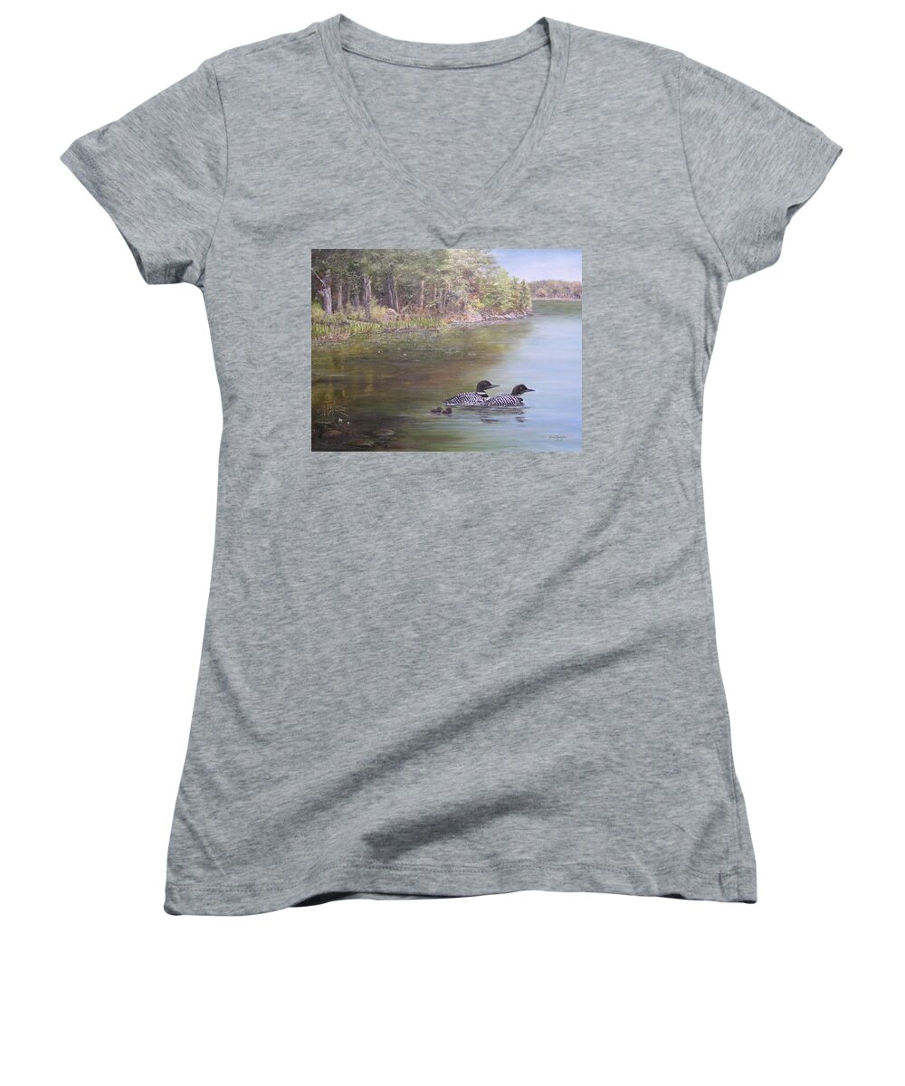 Loon Women's V-Neck featuring the painting Loon Family 1 by Jan Byington