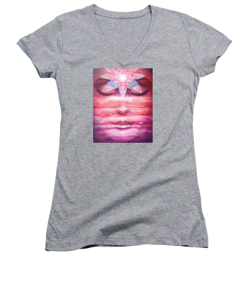 Lotus Women's V-Neck featuring the painting Lotus Meditation, Jupiter Clouds by Sue Halstenberg