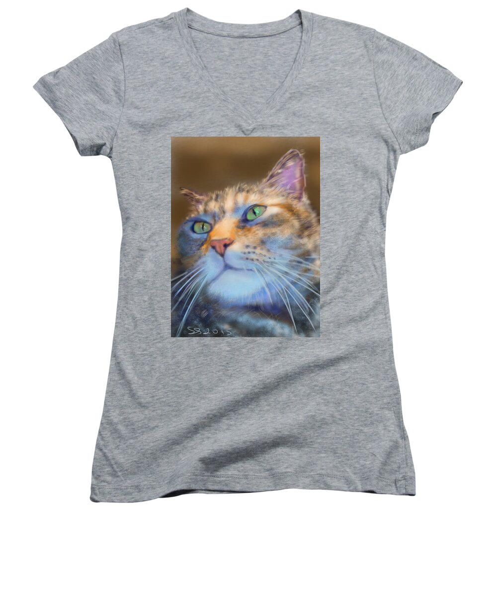 Cat Women's V-Neck featuring the painting LouAnne by Susan Sarabasha