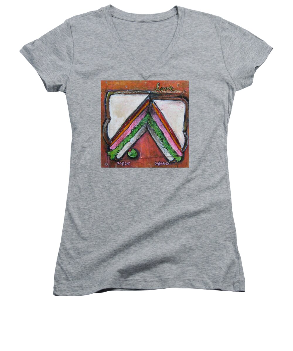 Pop Surrealism Women's V-Neck featuring the painting Love for Ham Sandwich by Laurie Maves ART