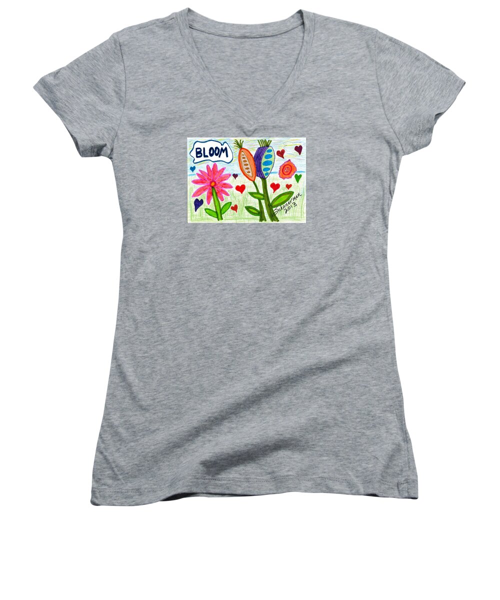 Drawing Women's V-Neck featuring the drawing Love in Bloom by Susan Schanerman