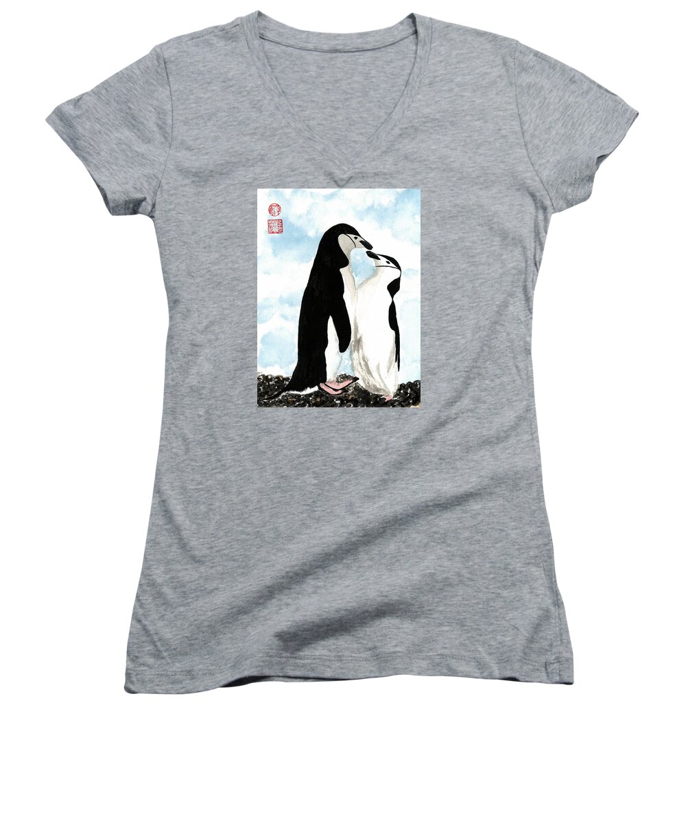 Birds Women's V-Neck featuring the painting Loving Penguins by Terri Harris