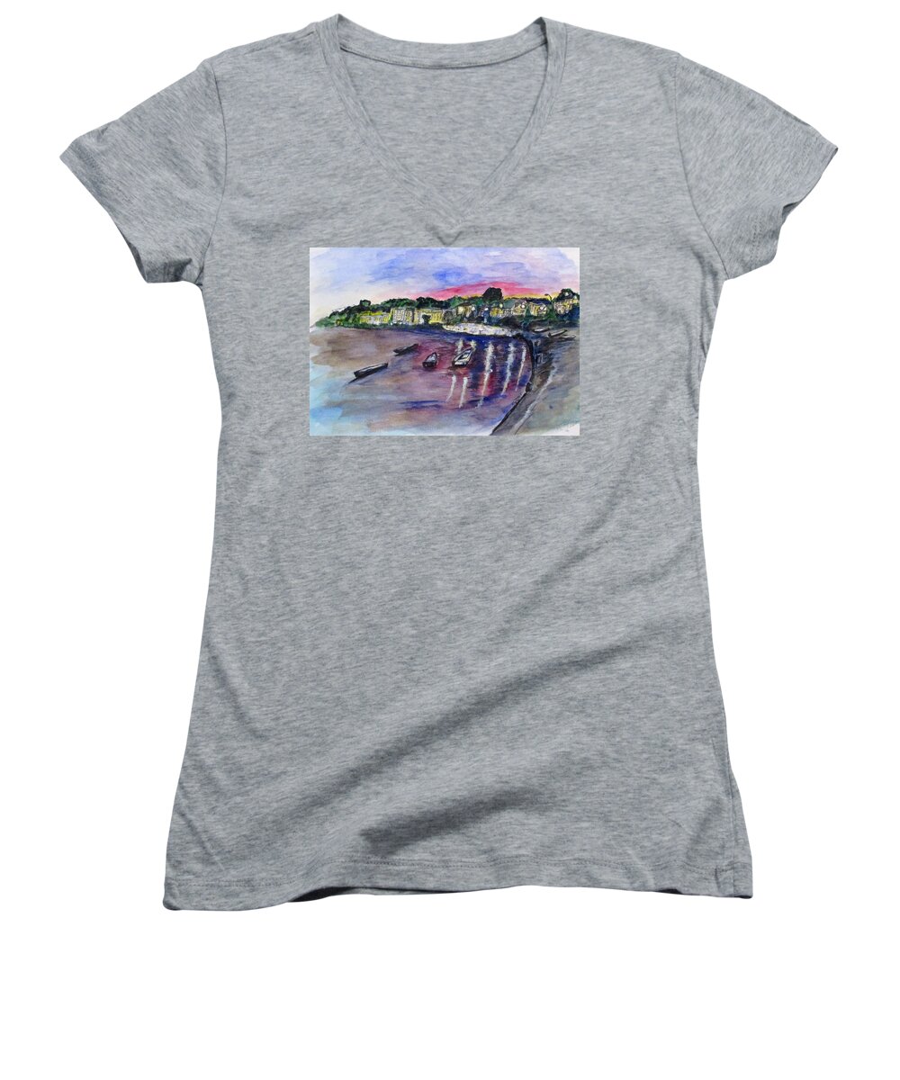 Seascape Women's V-Neck featuring the painting Luogo Mergellina, Napoli by Clyde J Kell