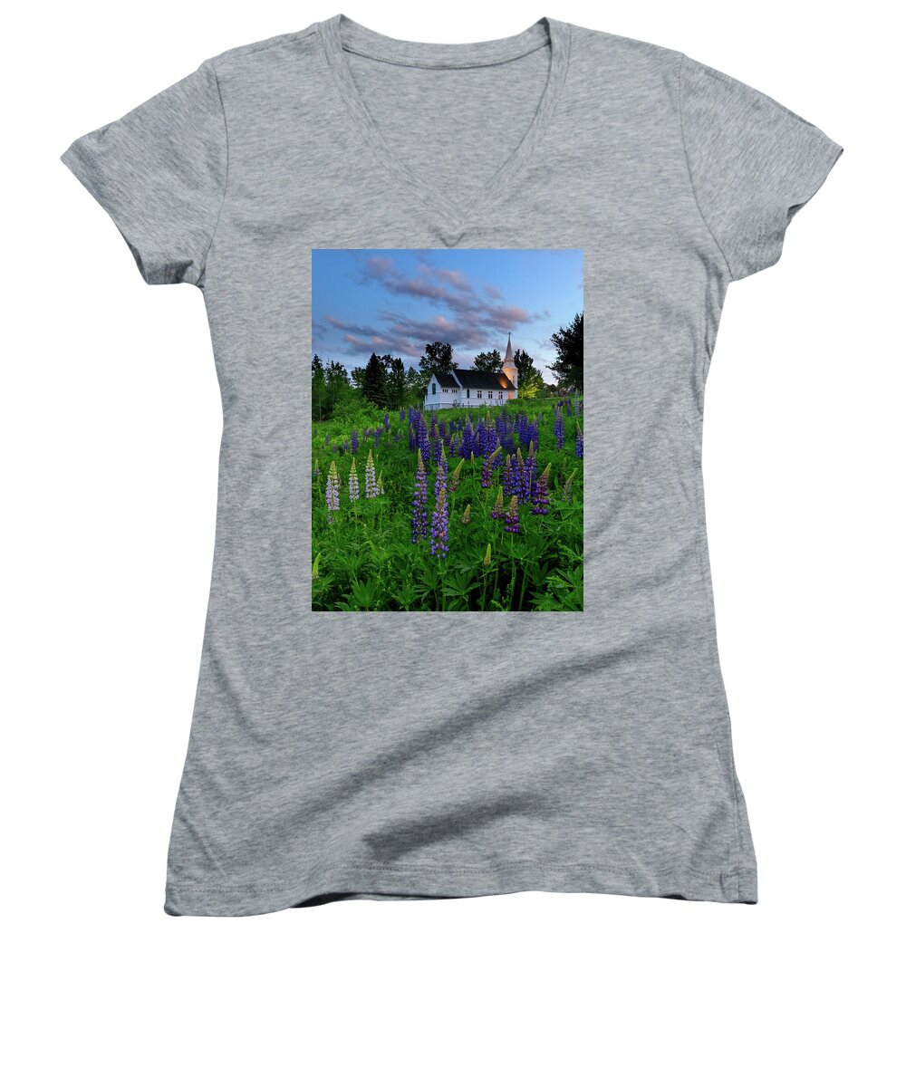 Lupines Women's V-Neck featuring the photograph Lupines by the Church by Rob Davies