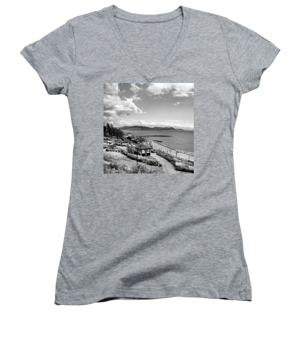 Blackandwhitephotography Women's V-Neck featuring the photograph Lyme Regis And Lyme Bay, Dorset by John Edwards