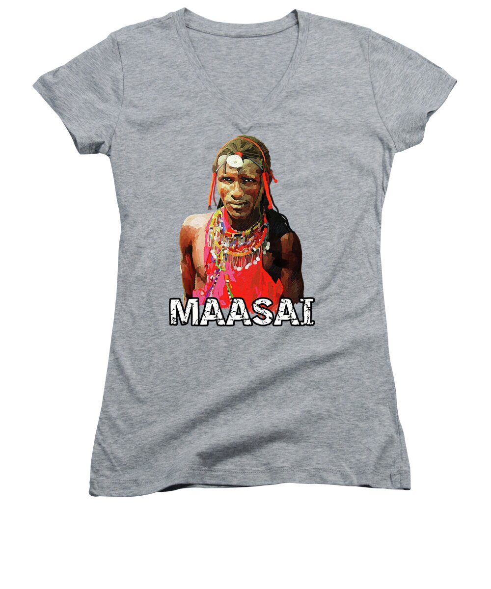 Cow Women's V-Neck featuring the painting Maasai Moran by Anthony Mwangi