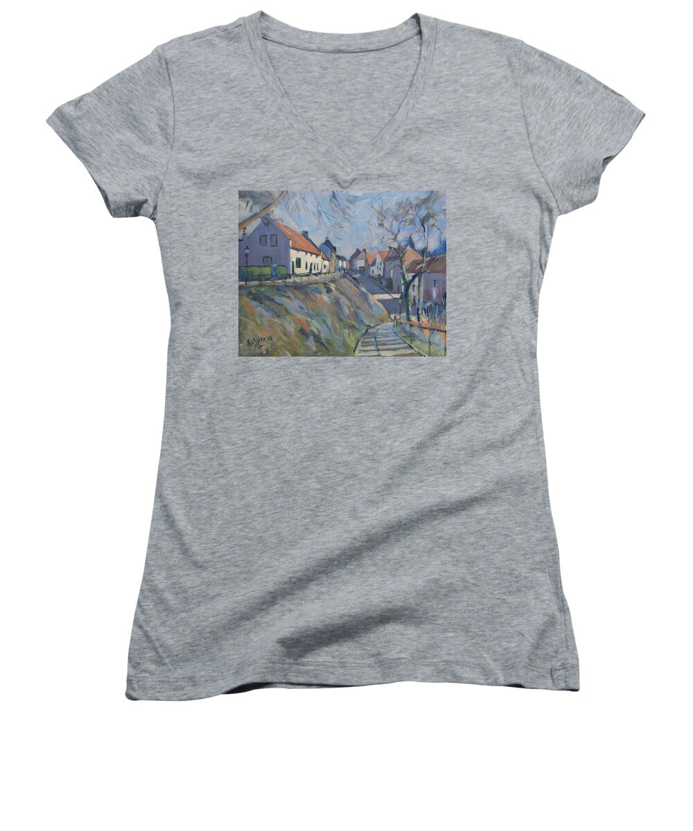 Elsloo Women's V-Neck featuring the painting Maasberg Elsloo by Nop Briex