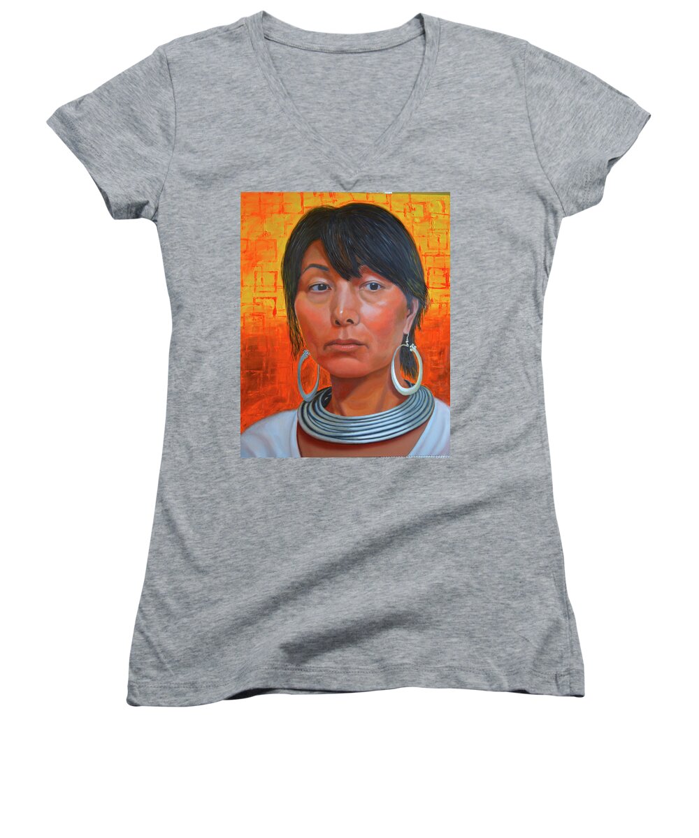 New Painting Women's V-Neck featuring the painting Madonna by Thu Nguyen