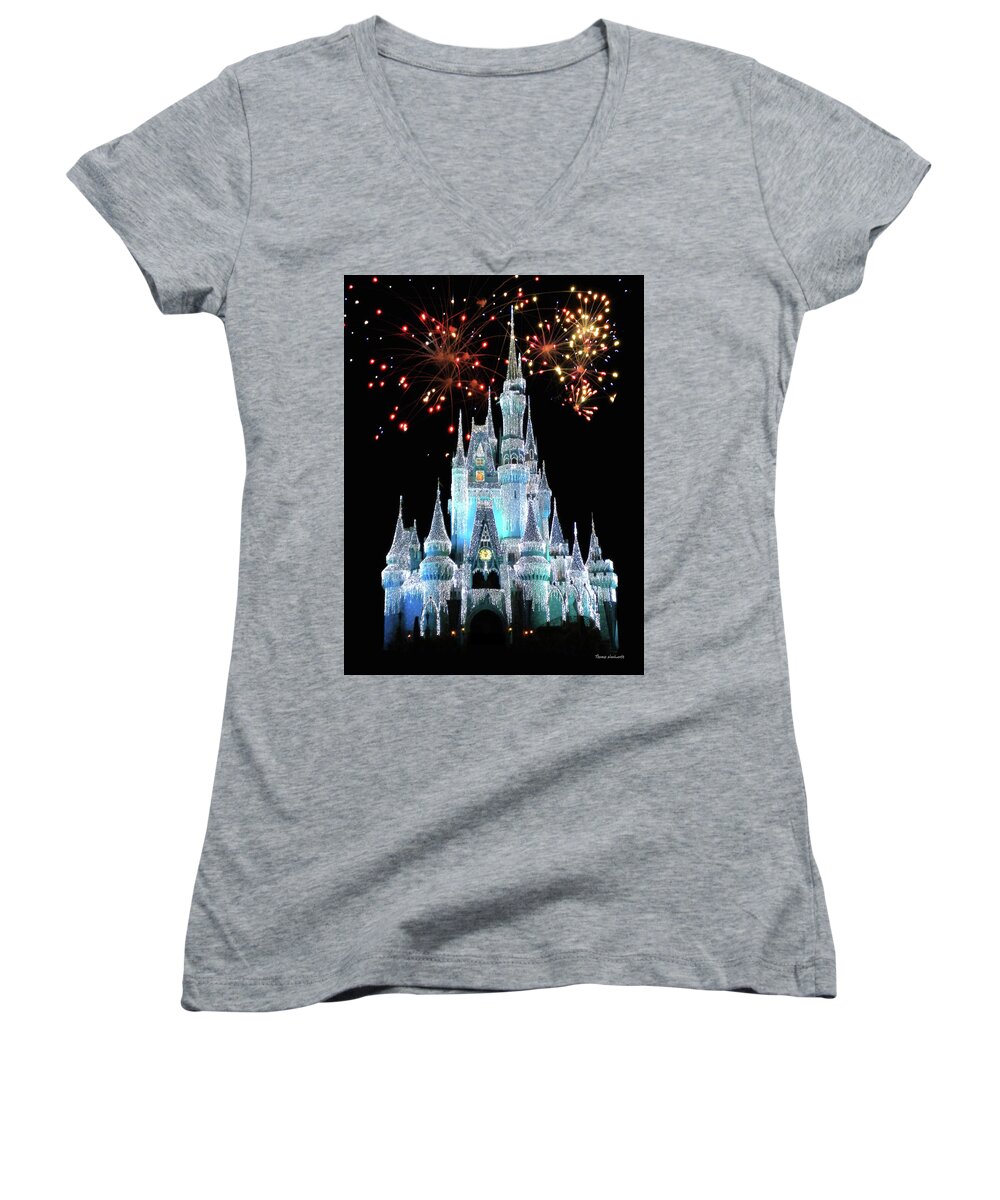 Castle Women's V-Neck featuring the photograph Magic Kingdom Castle In Frosty Light Blue with Fireworks 03 MP by Thomas Woolworth