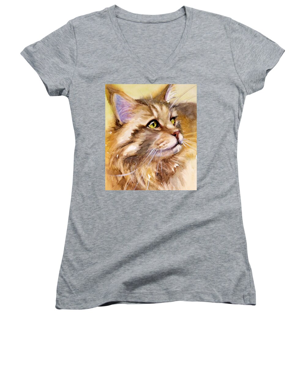 Cat Women's V-Neck featuring the painting Main Coon by Judith Levins