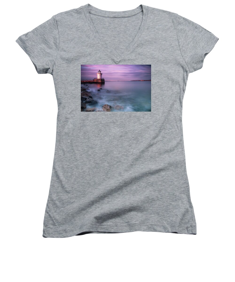 Maine Women's V-Neck featuring the photograph Maine Bug Light Lighthouse Sunset by Ranjay Mitra