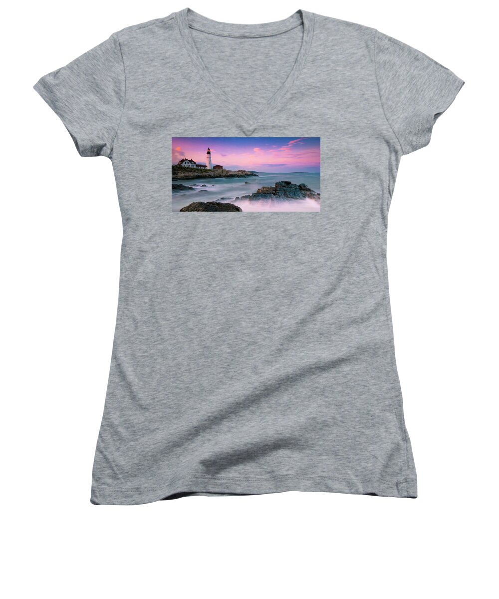 Maine Women's V-Neck featuring the photograph Maine Portland Headlight Lighthouse at Sunset Panorama by Ranjay Mitra