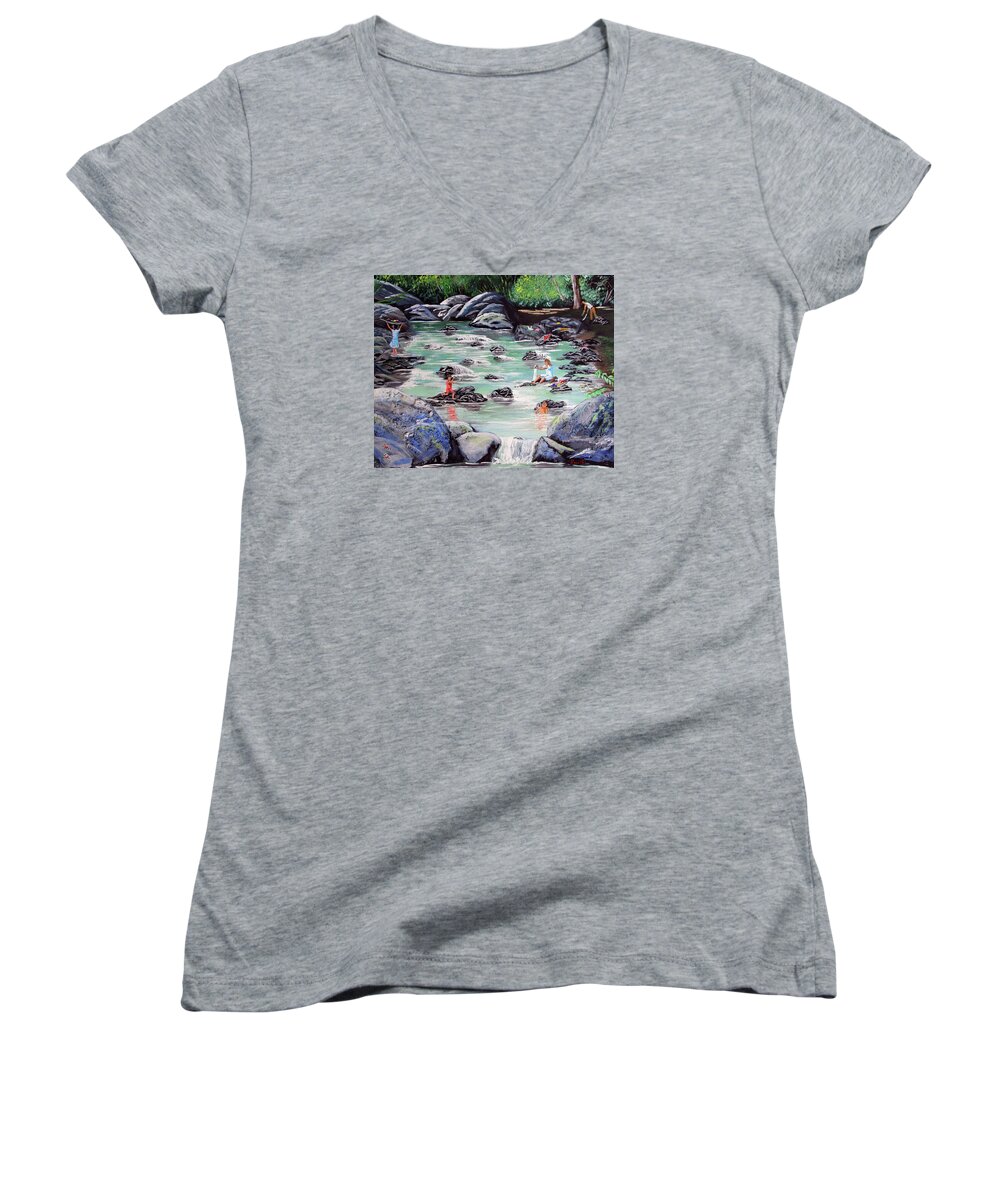 Quebrada Women's V-Neck featuring the painting Mami Lavando Ropa by Luis F Rodriguez