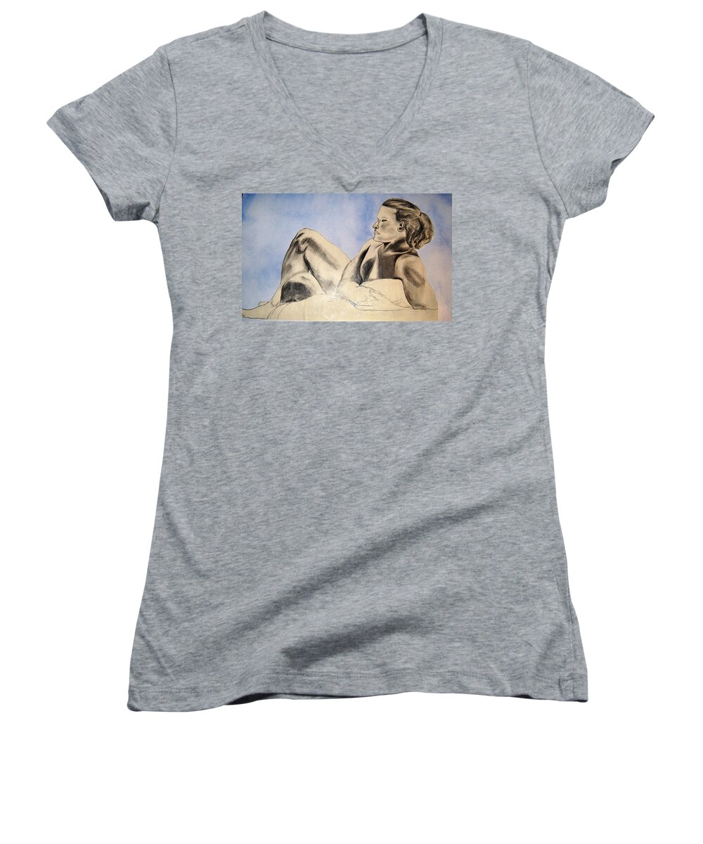 Pencil Women's V-Neck featuring the mixed media Man in recline by Angela Murray