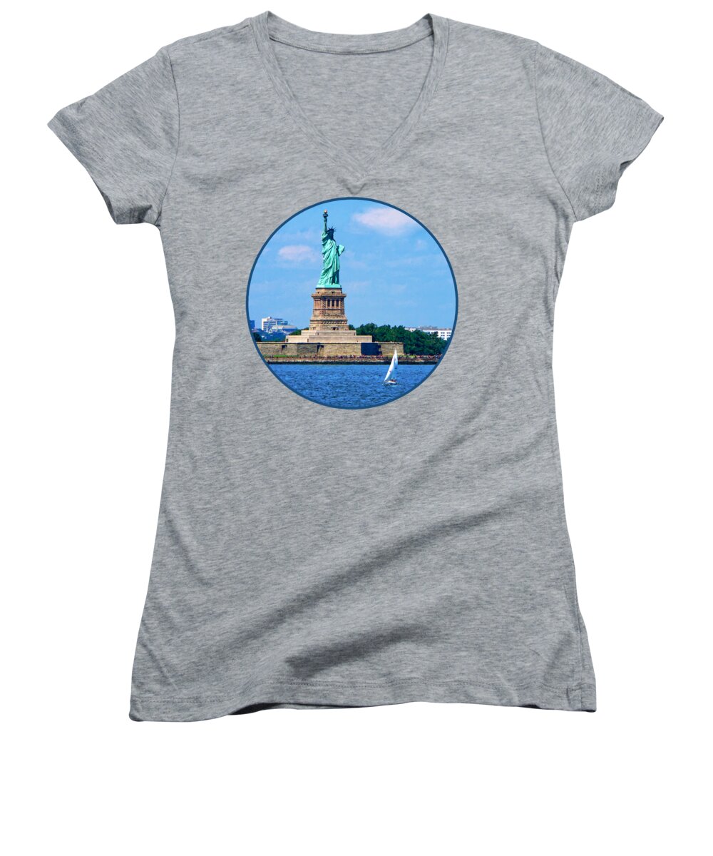 Boat Women's V-Neck featuring the photograph Manhattan - Sailboat By Statue of Liberty by Susan Savad