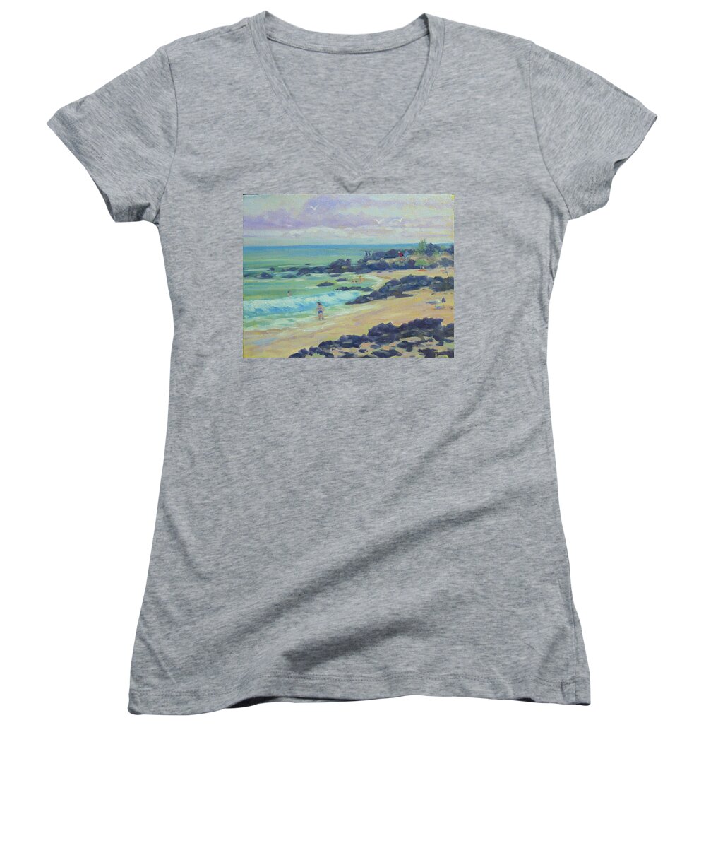 Beach Women's V-Neck featuring the painting Manini Beach Small by Stan Chraminski