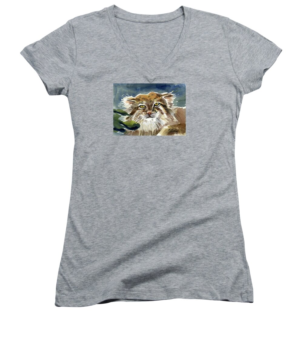 Manul Women's V-Neck featuring the painting Manul by Mimi Boothby