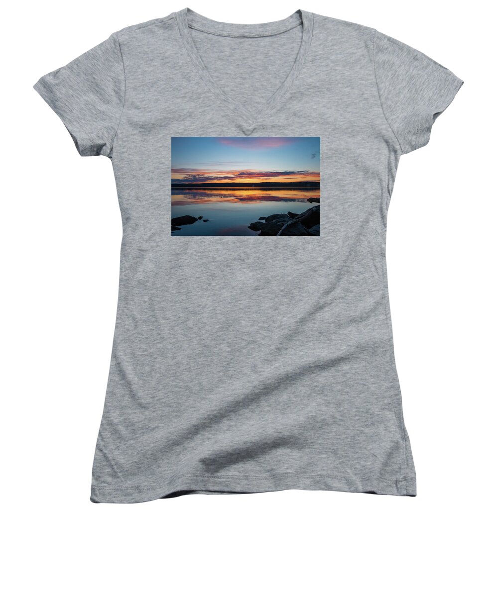 Sunrise Women's V-Neck featuring the photograph March Dawn at Esopus Meadows I by Jeff Severson