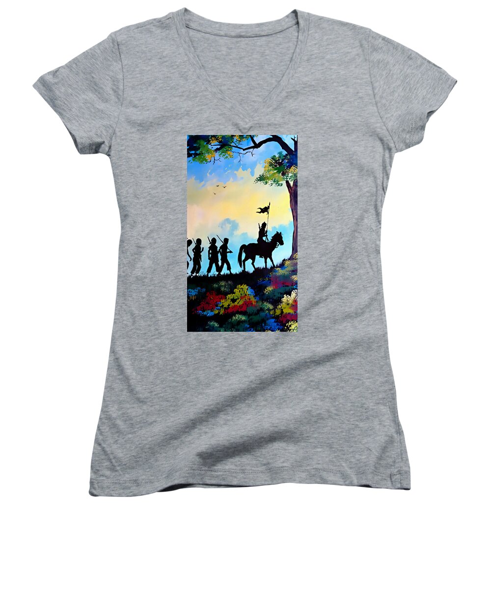 Army Women's V-Neck featuring the painting Marching At Daybreak by Ian Gledhill