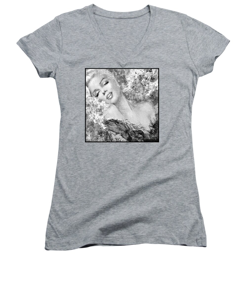 Theo Danella Women's V-Neck featuring the painting Marilyn Cherry Blossom bw by Theo Danella