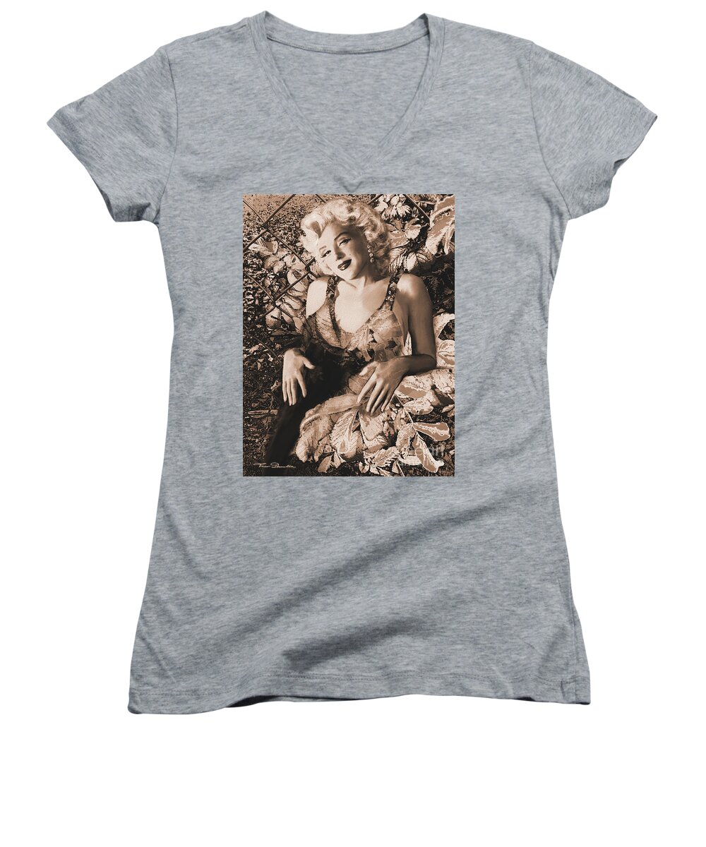 Marilyn Monroe Women's V-Neck featuring the painting Marilyn Monroe 126 a 'sepia' by Theo Danella