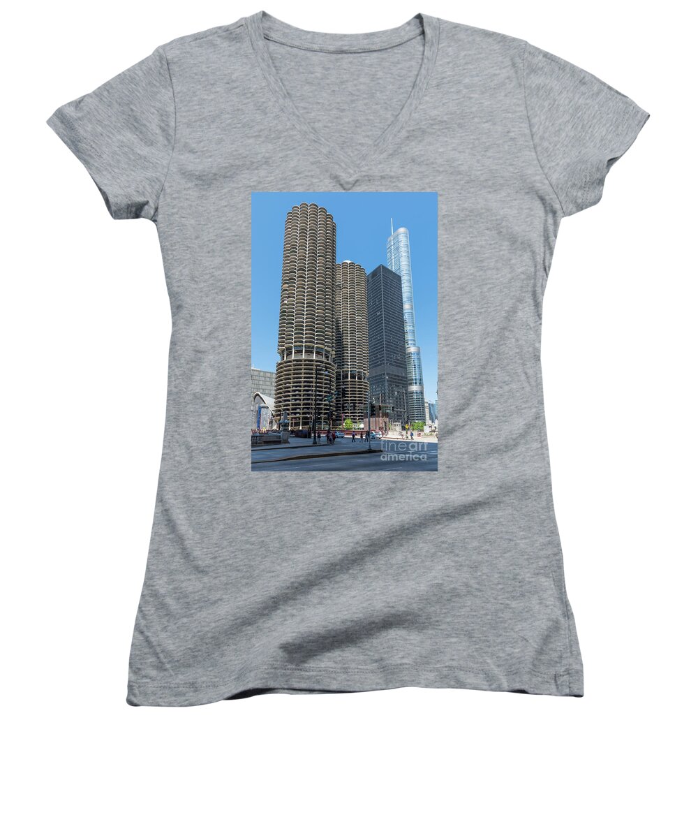 Chicago Women's V-Neck featuring the photograph Marina City, AMA Plaza, and Trump Tower by David Levin