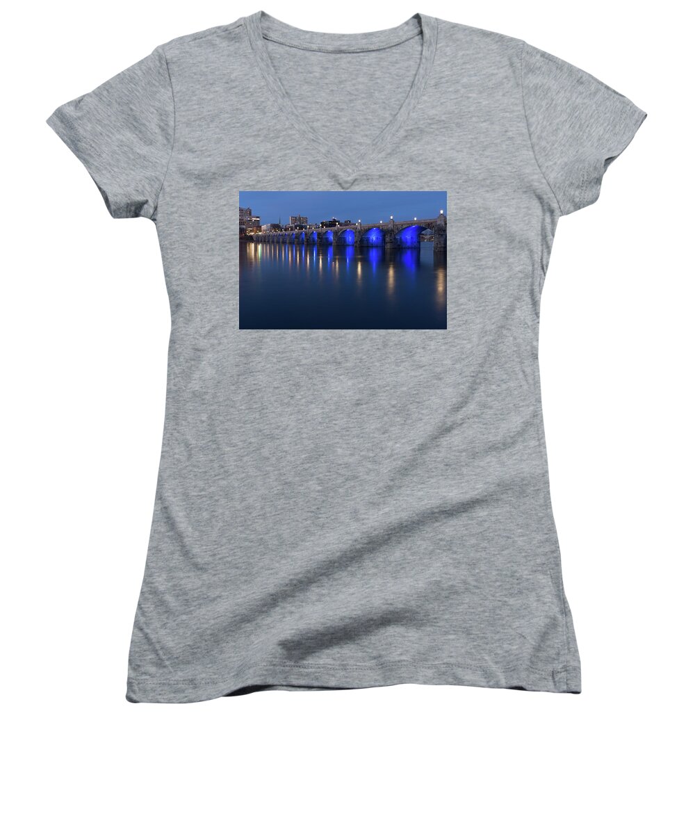 Arch Women's V-Neck featuring the photograph Market Street Bridge, Harrisburg PA by Kyle Lee