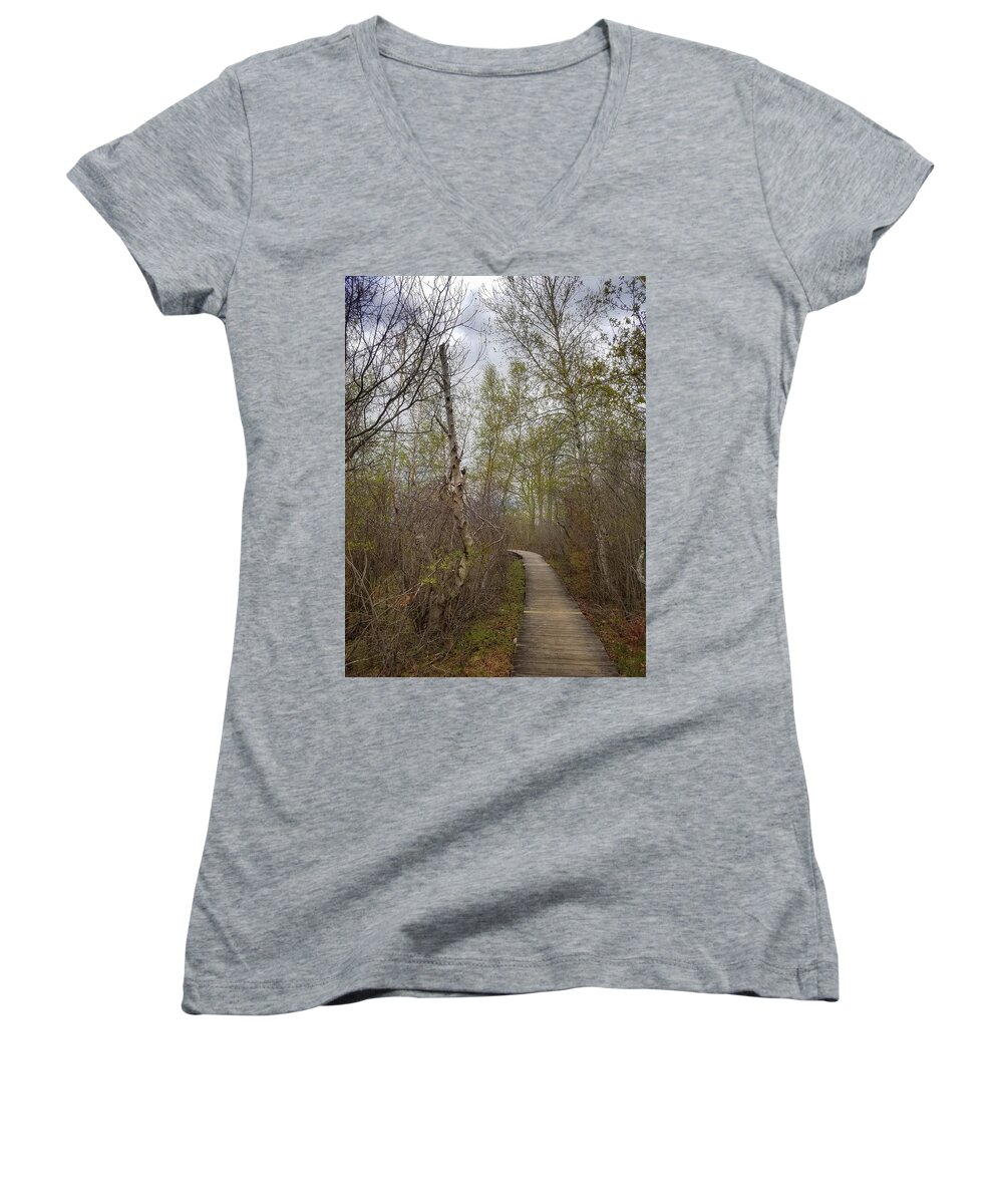 Marsh Women's V-Neck featuring the photograph Marsh Walk 2 by Mary Capriole